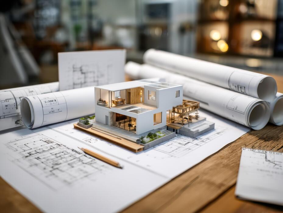 modern-architectural-model-of-a-contemporary-house-with-blueprints-and-rolled-plans-on-a-wooden-desk-photo